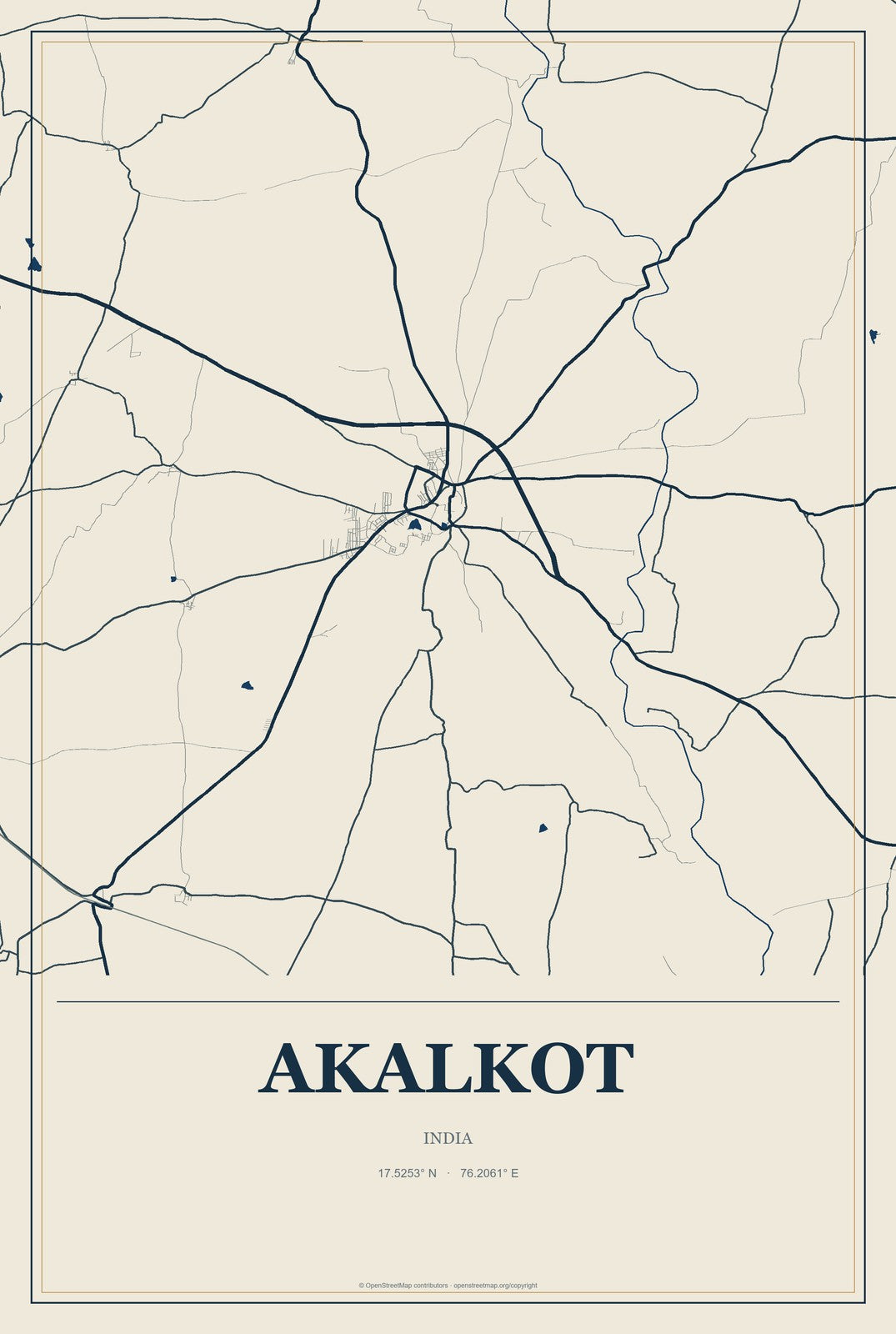 Akalkot, India City Map Aluminum Sign in Coastal Cutout style