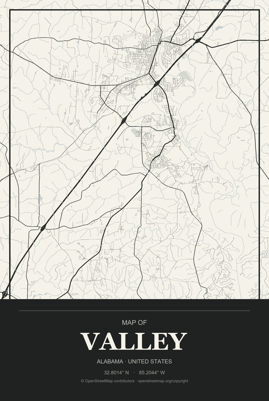 Valley, Alabama City Map Aluminum Sign in Museum Plaque style