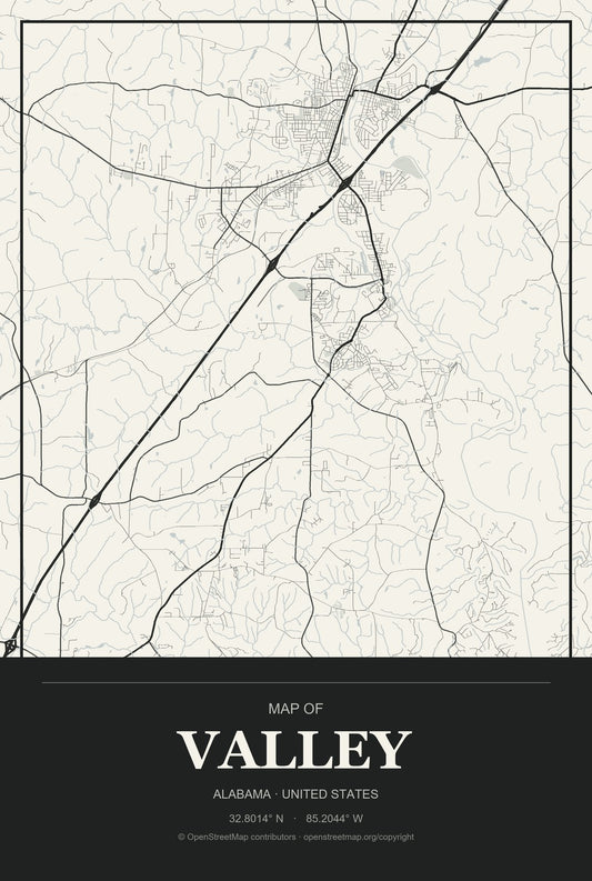Valley, Alabama City Map Aluminum Sign in Museum Plaque style
