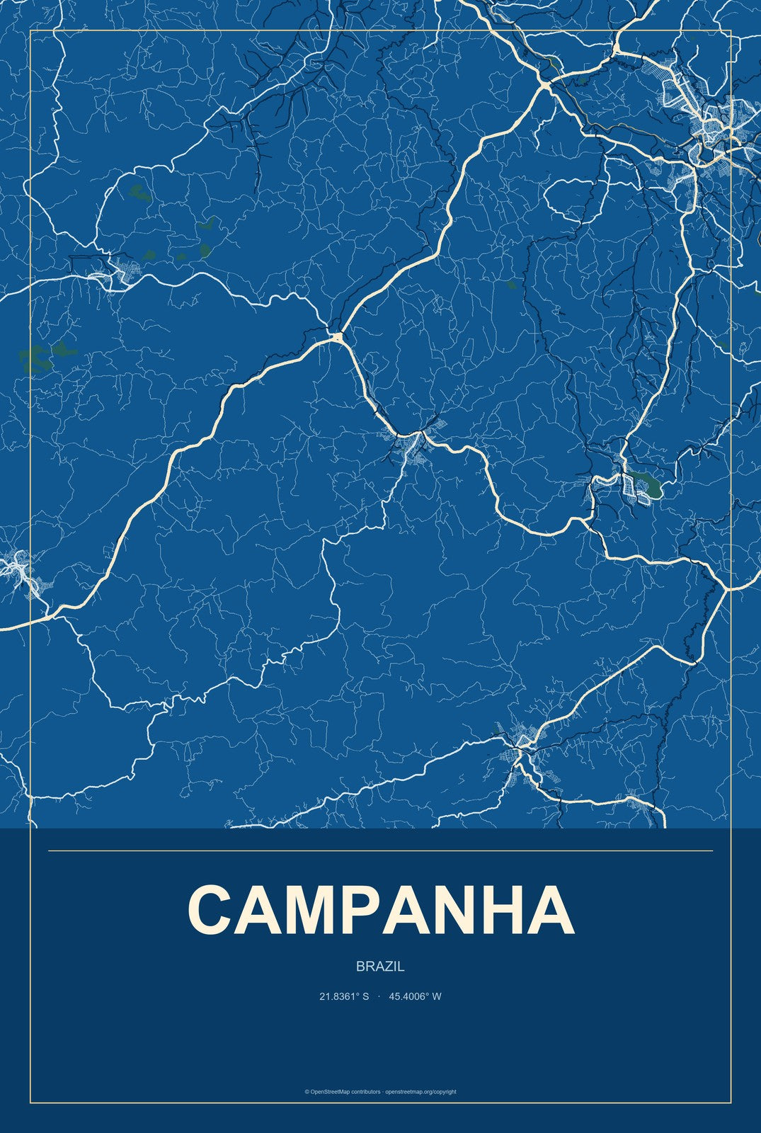 Campanha, Brazil City Map Aluminum Sign in Harbor Cobalt style
