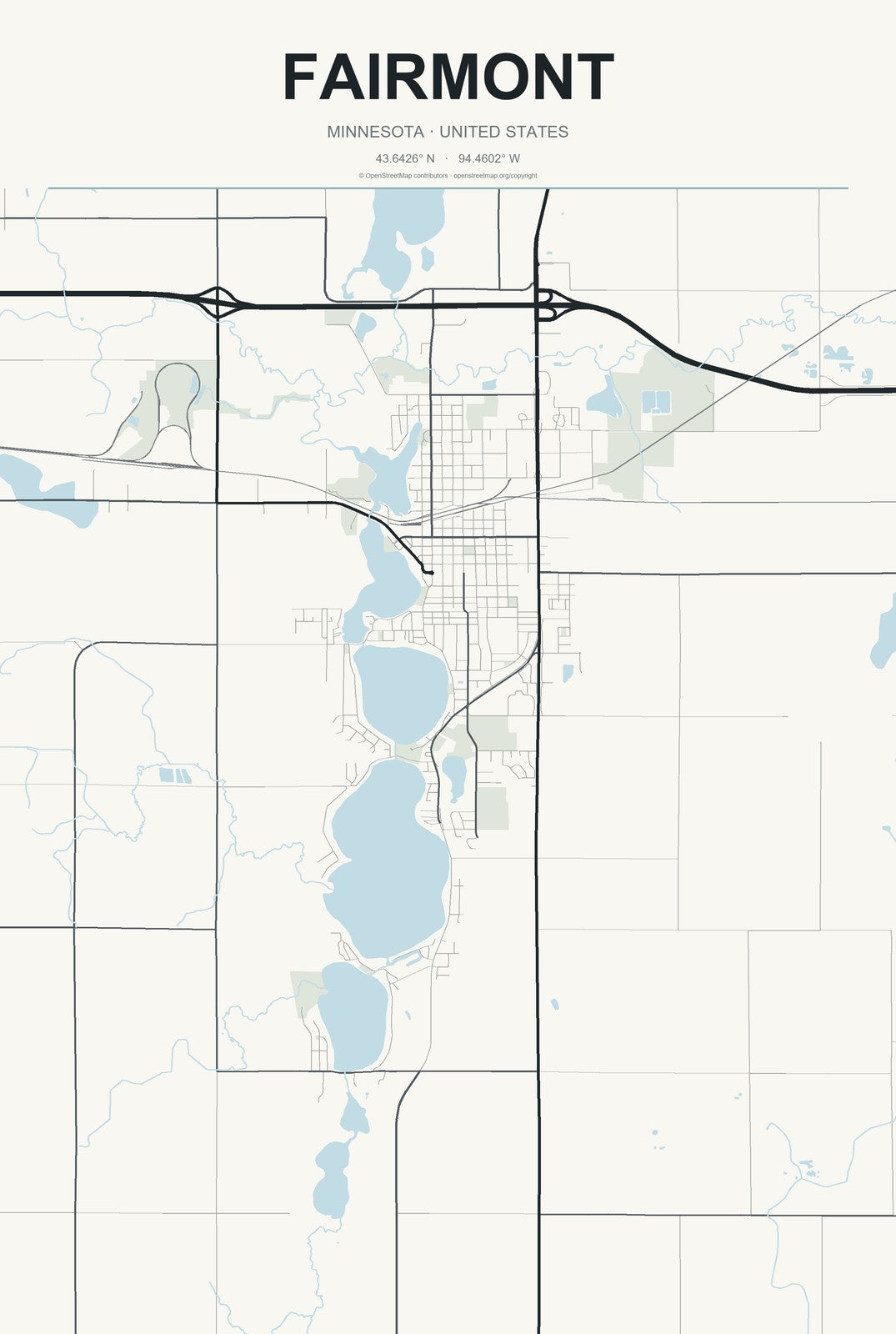 Fairmont, Minnesota City Map Aluminum Sign in Headline Atlas style