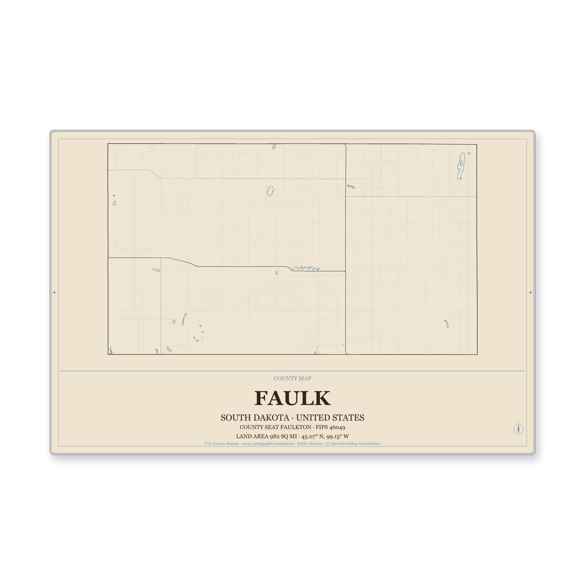 Faulk County, South Dakota Map Aluminum Sign in Heritage Nautical style