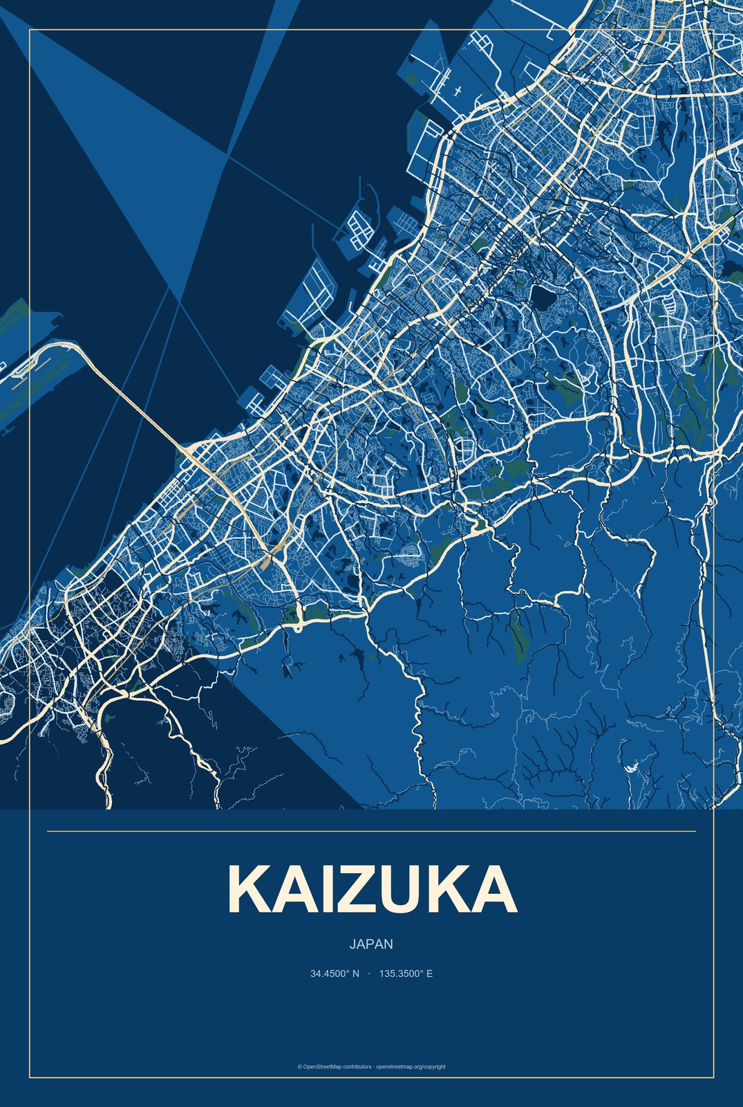 Kaizuka, Japan City Map Aluminum Sign in Harbor Cobalt style
