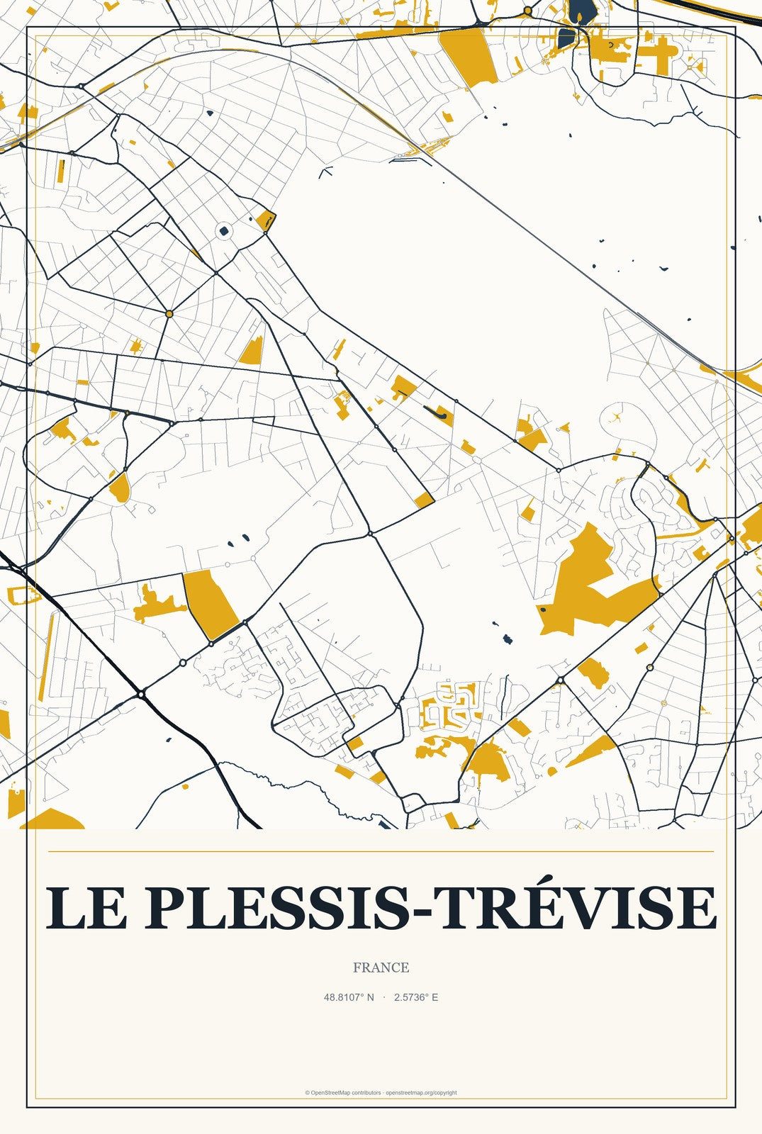 Le Plessis-Trévise, France City Map Aluminum Sign in Citrine Modern style