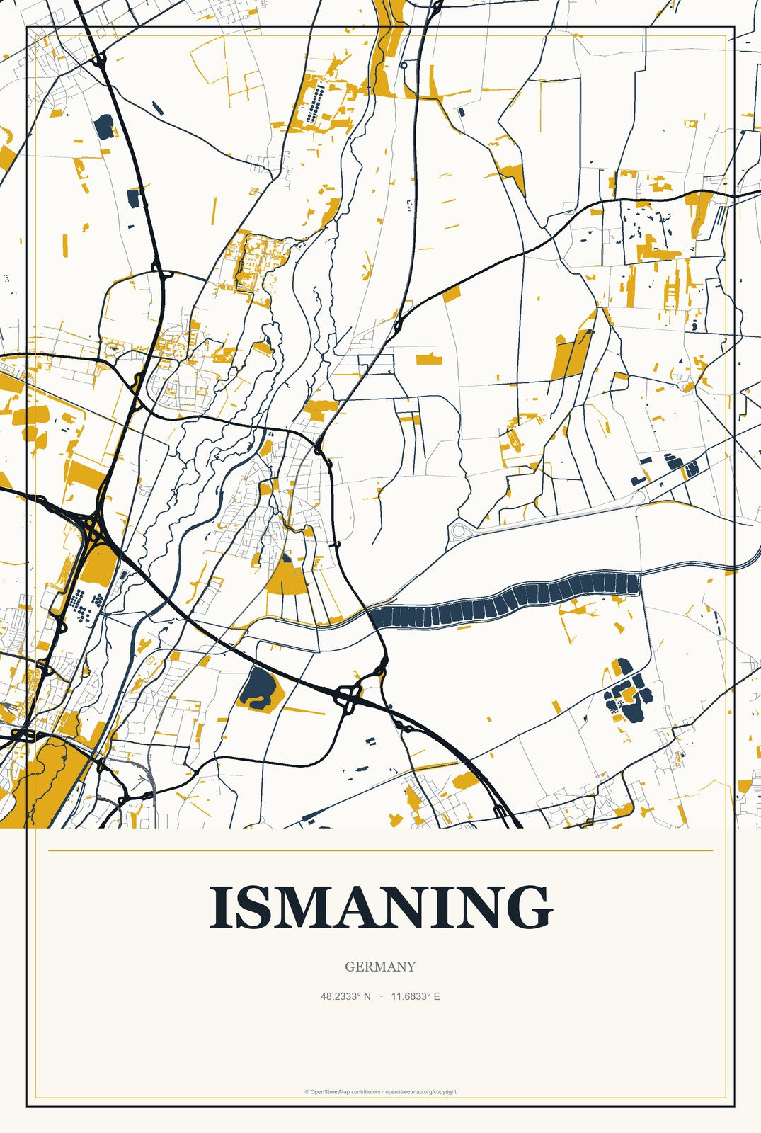 Ismaning, Germany City Map Aluminum Sign in Citrine Modern style