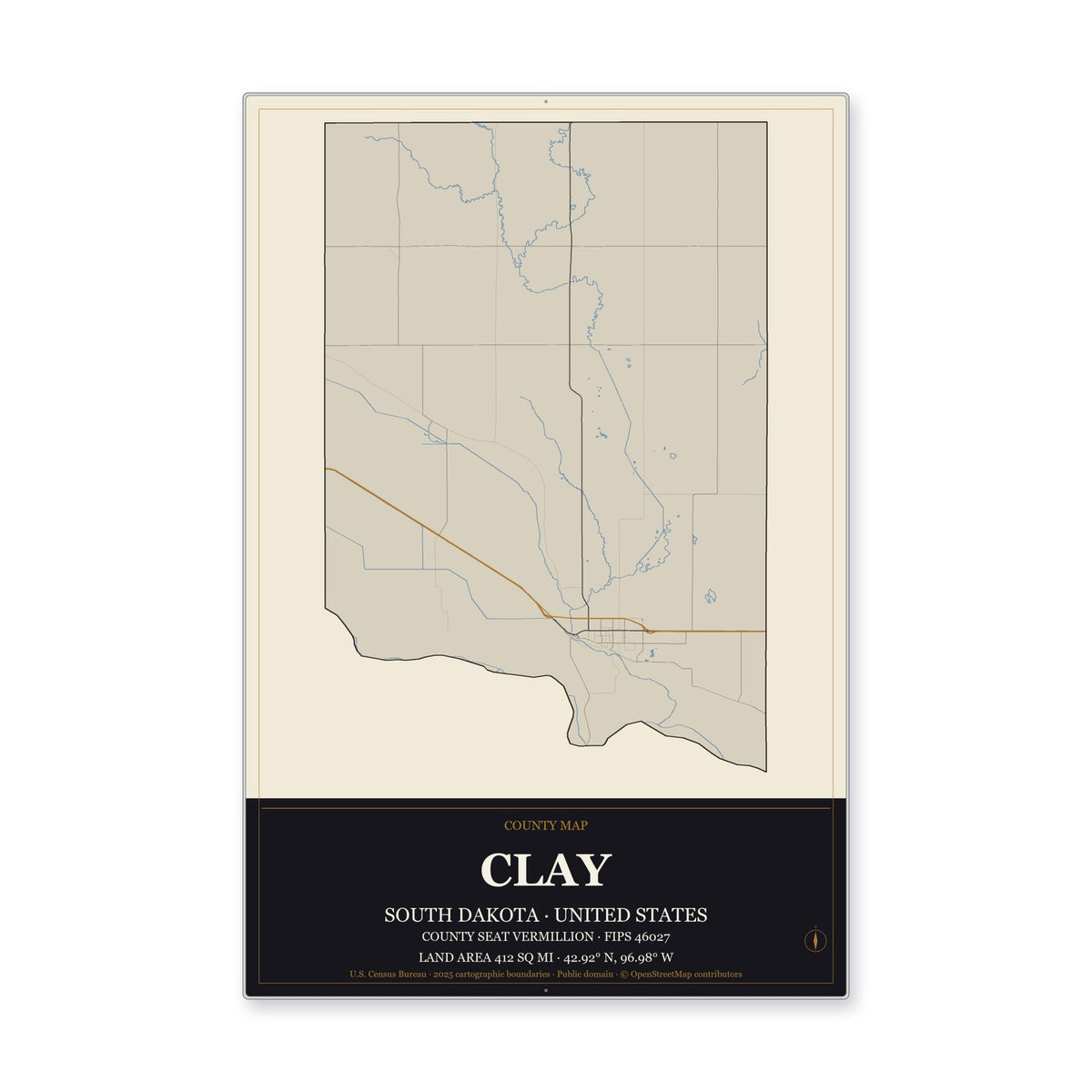 Clay County, South Dakota Map Aluminum Sign in Museum Plaque style