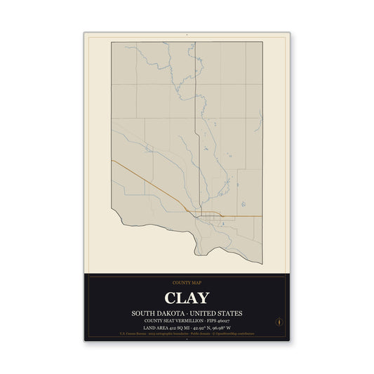 Clay County, South Dakota Map Aluminum Sign in Museum Plaque style