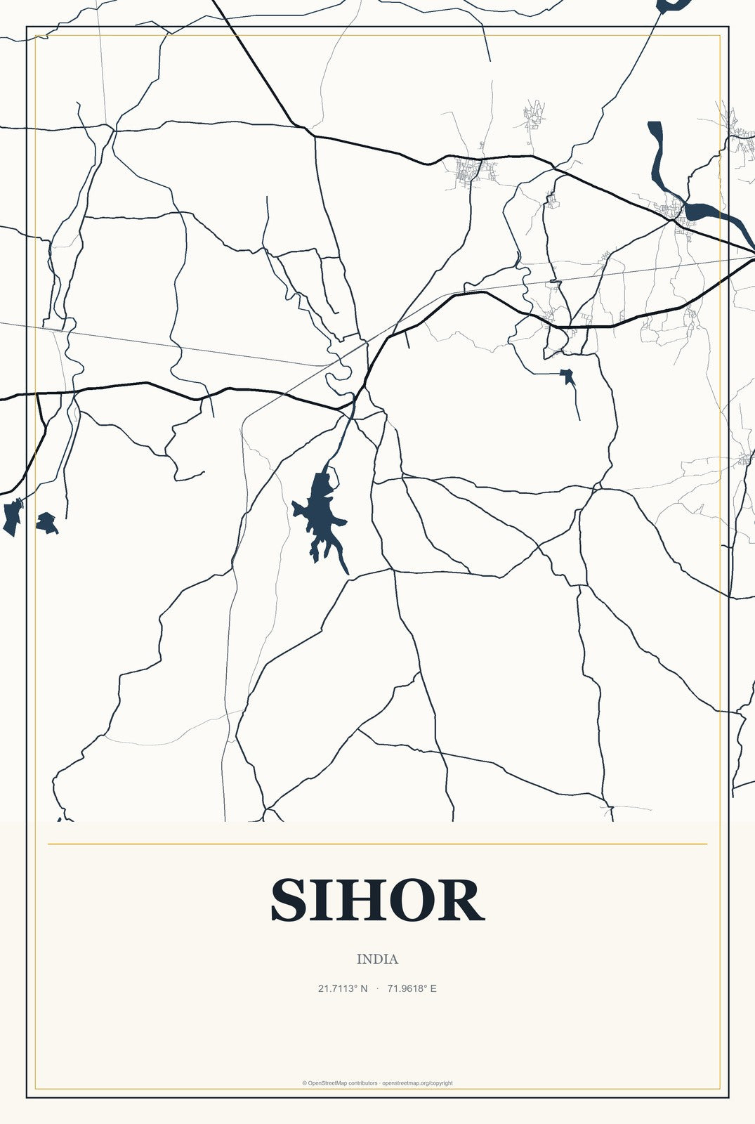 Sihor, India City Map Aluminum Sign in Citrine Modern style