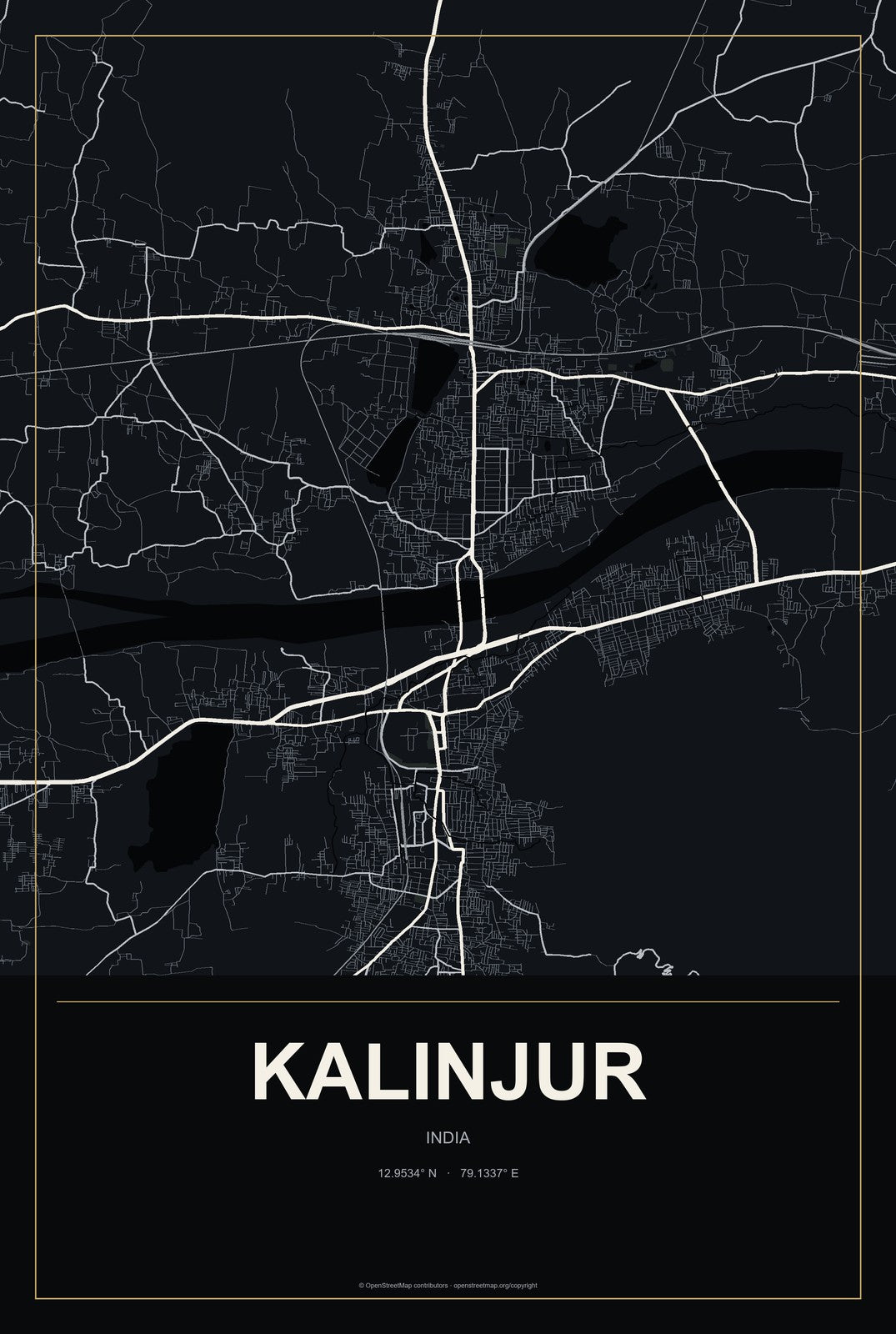 Kalinjur, India City Map Aluminum Sign in Metropolitan Noir style