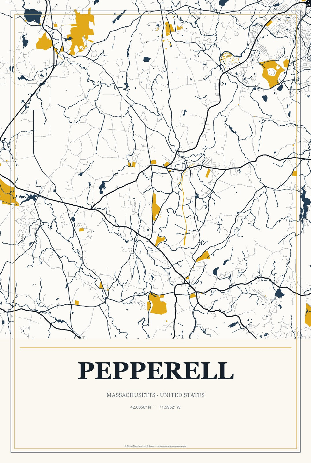 Pepperell, Massachusetts City Map Aluminum Sign in Citrine Modern style