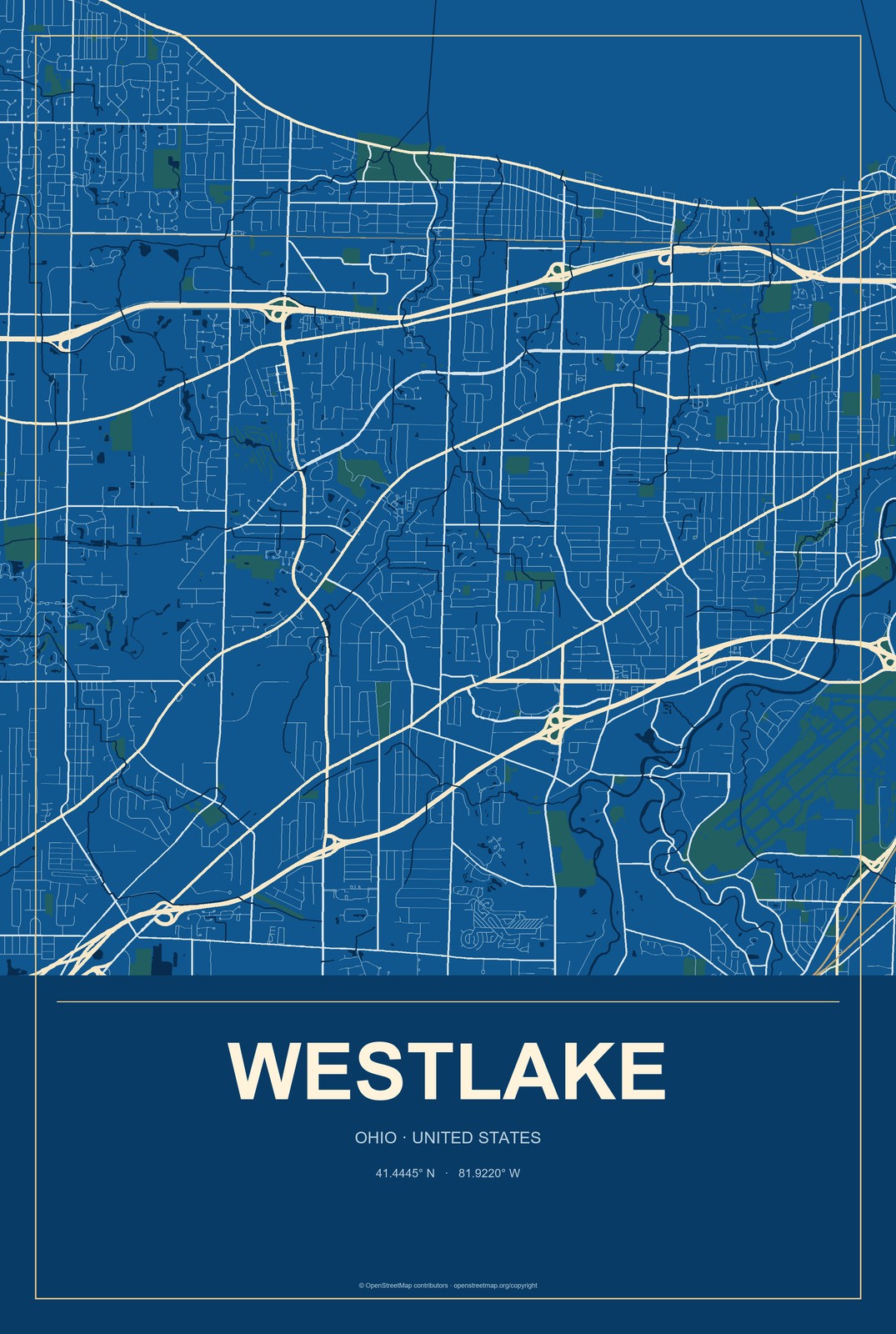 Westlake, Ohio City Map Aluminum Sign in Harbor Cobalt style