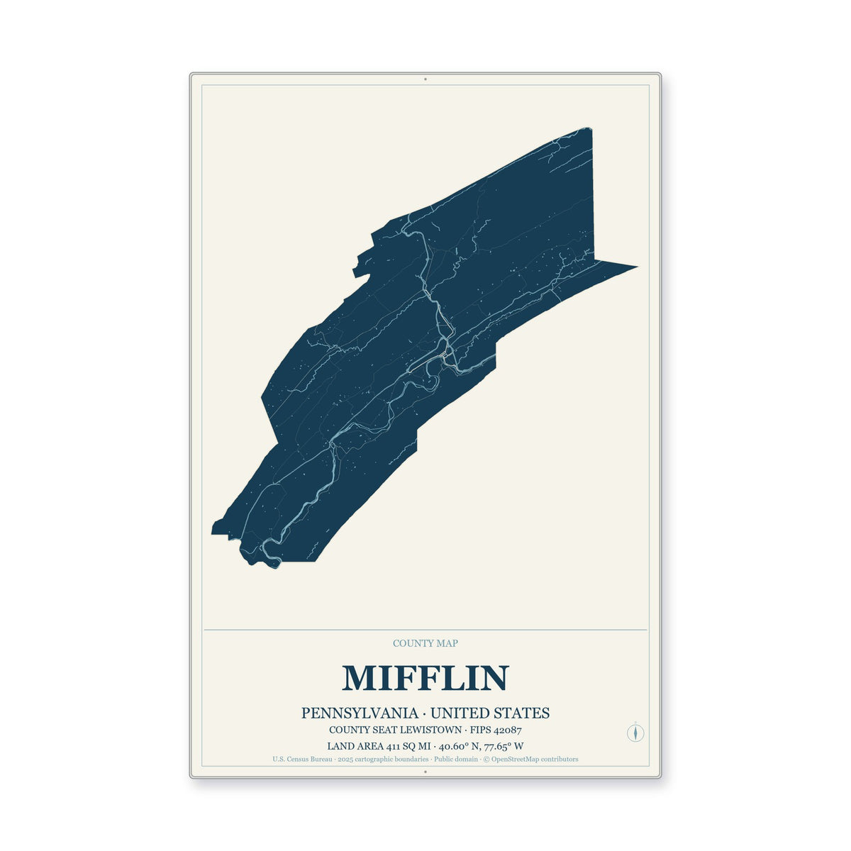 Mifflin County, Pennsylvania Map Aluminum Sign in Coastal Cutout style