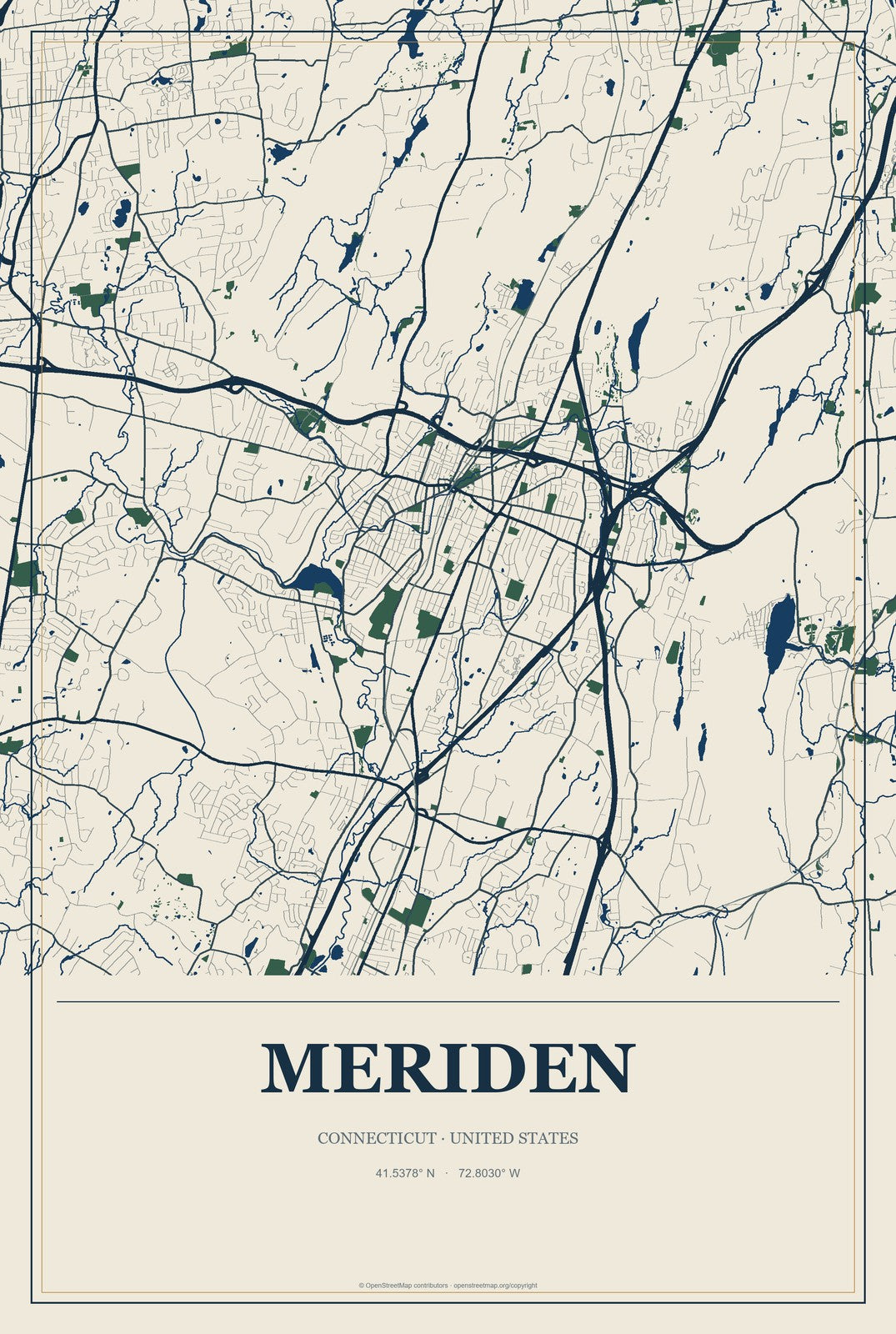 Meriden, Connecticut City Map Aluminum Sign in Coastal Cutout style