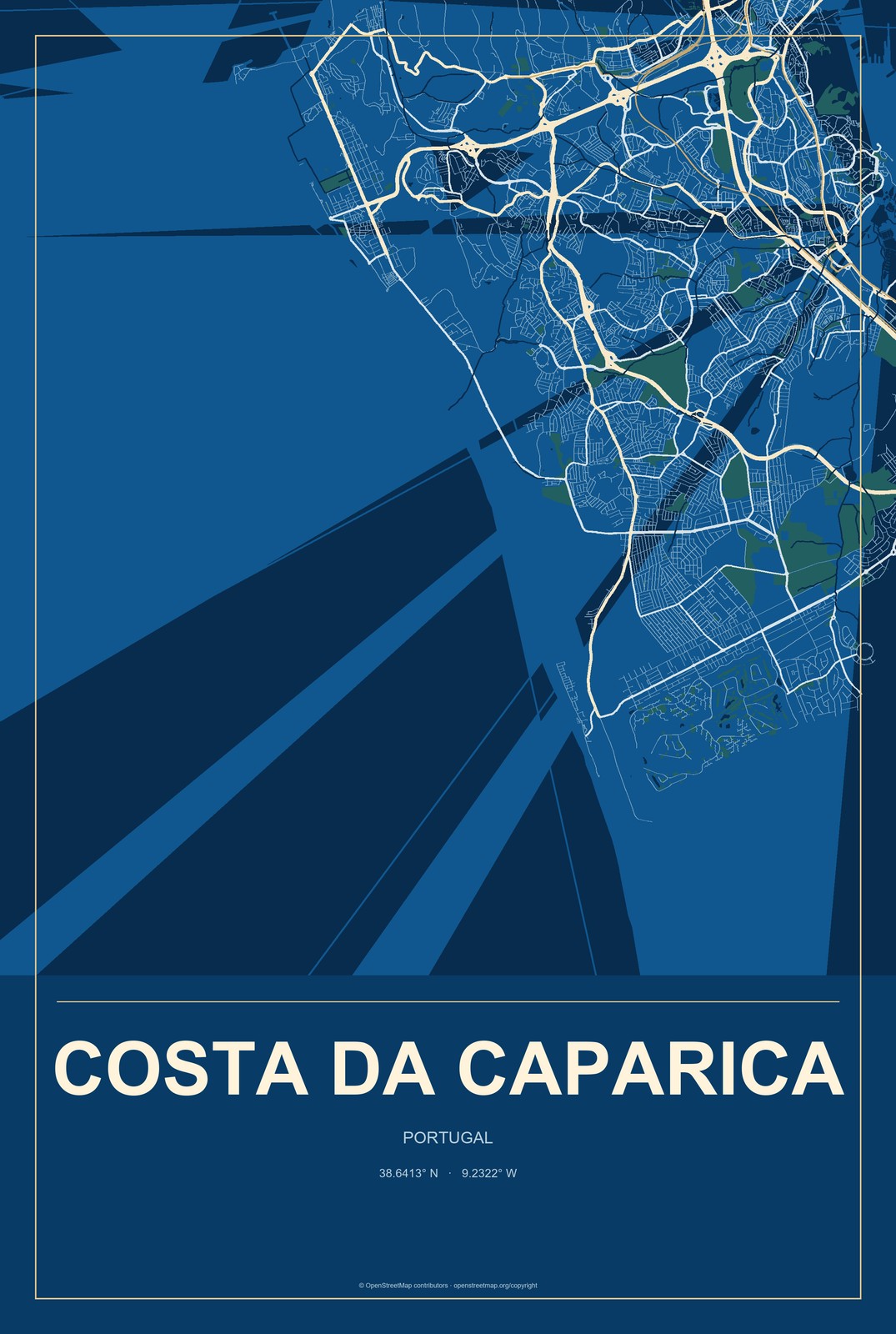 Costa da Caparica, Portugal City Map Aluminum Sign in Harbor Cobalt style
