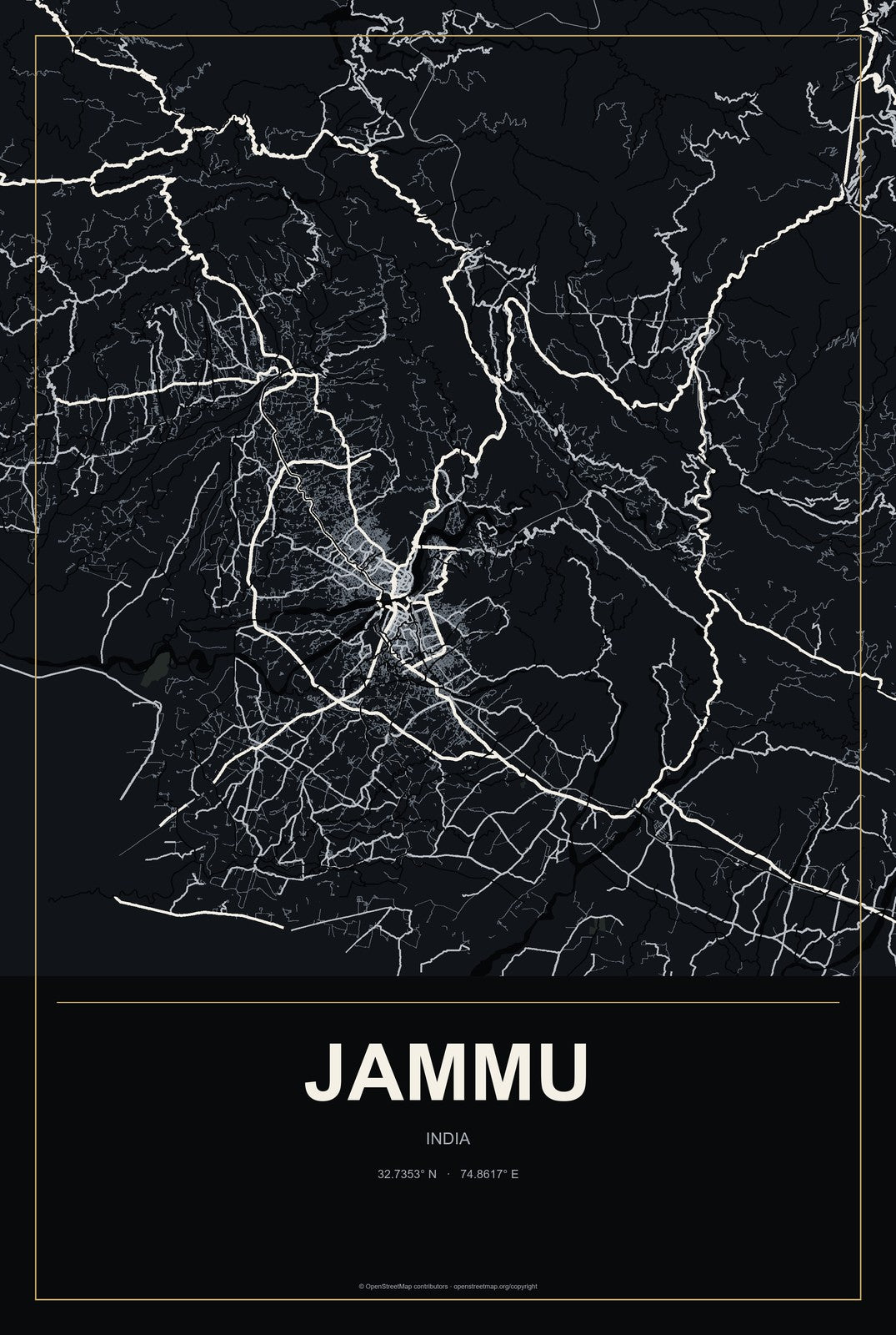 Jammu, India City Map Aluminum Sign in Metropolitan Noir style