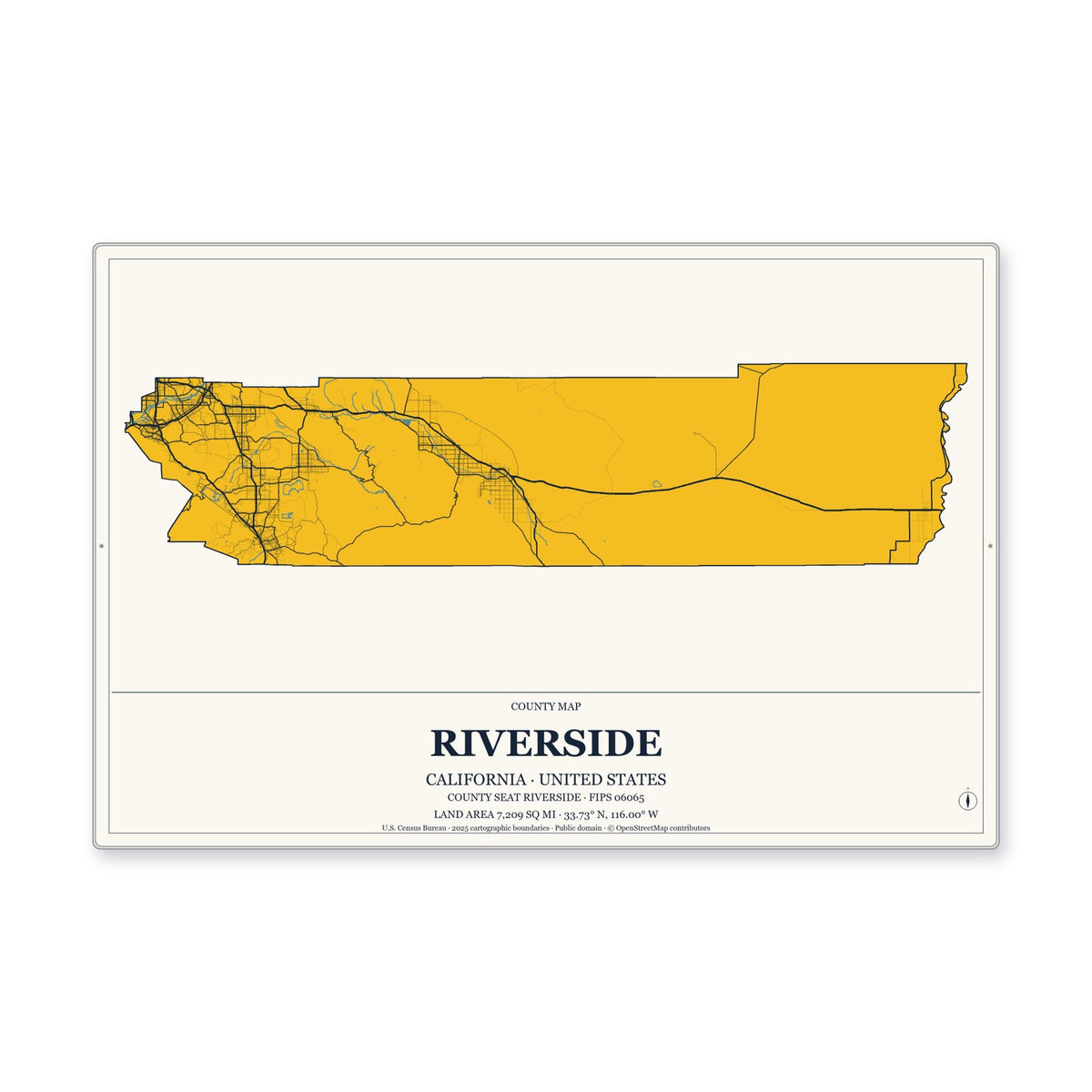 Riverside County, California Map Aluminum Sign in Citrine Modern style