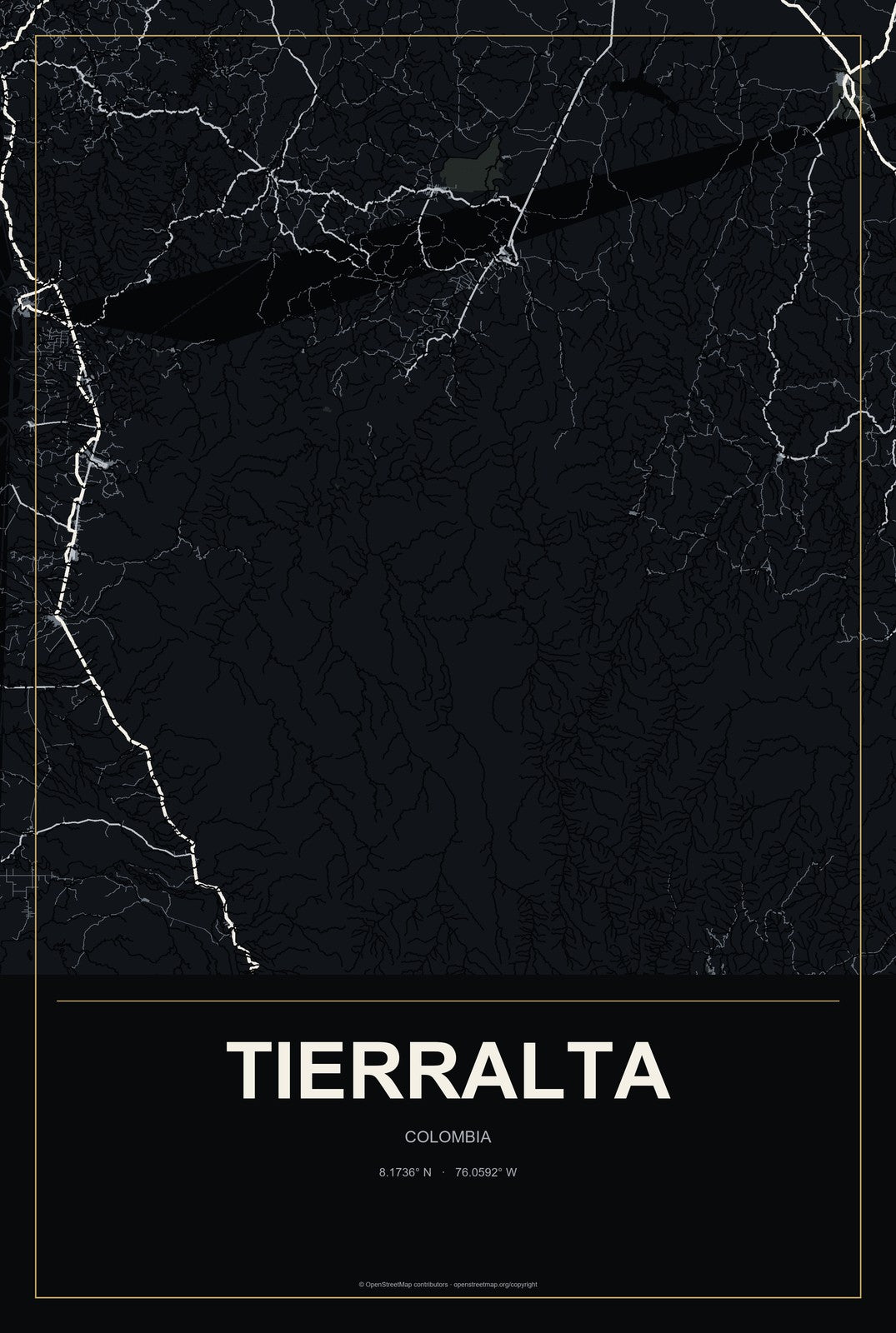Tierralta, Colombia City Map Aluminum Sign in Metropolitan Noir style