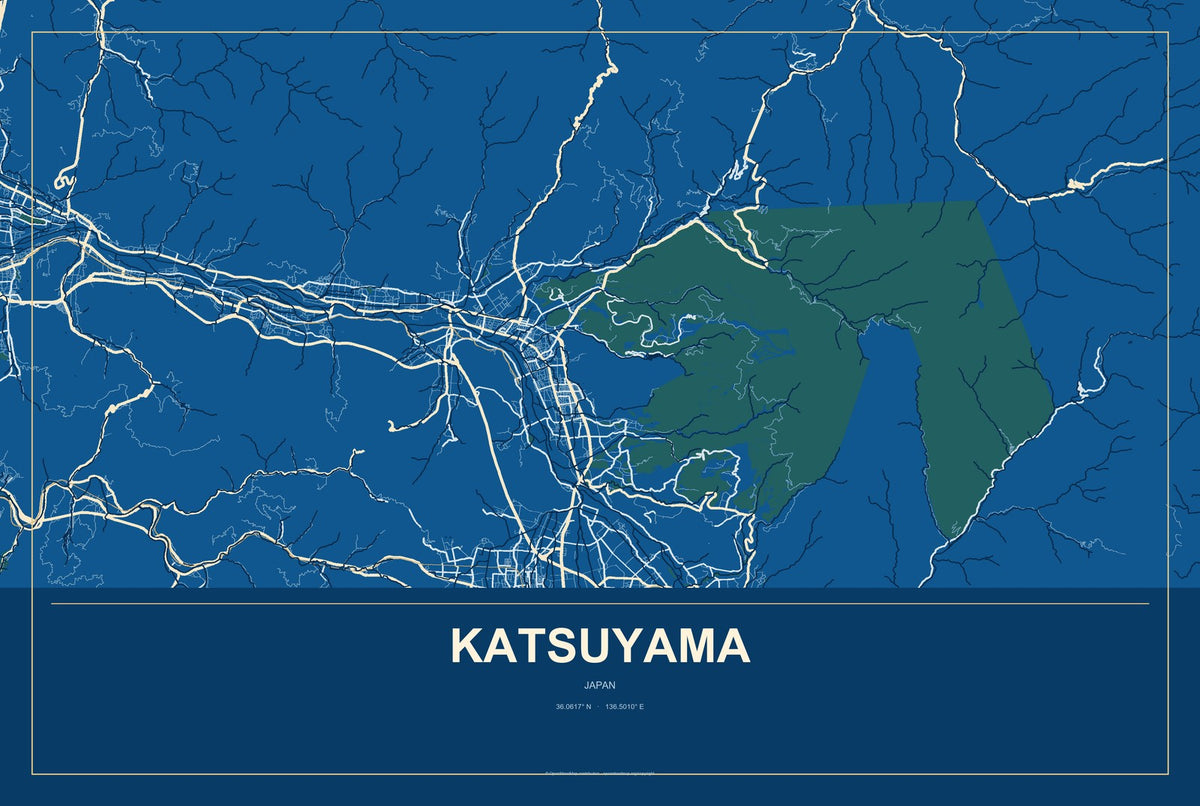Katsuyama, Japan City Map Aluminum Sign in Harbor Cobalt style