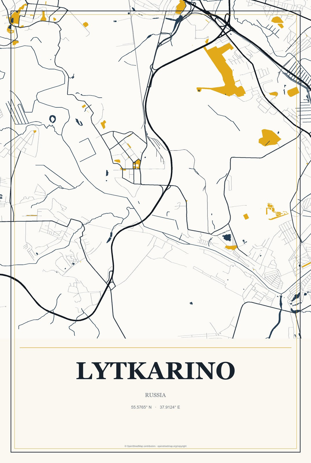 Lytkarino, Russia City Map Aluminum Sign in Citrine Modern style