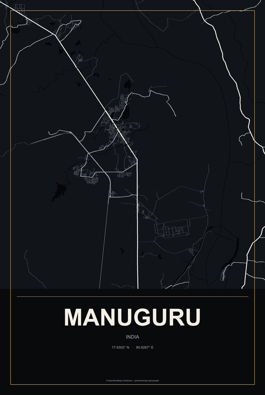 Manuguru, India City Map Aluminum Sign in Metropolitan Noir style