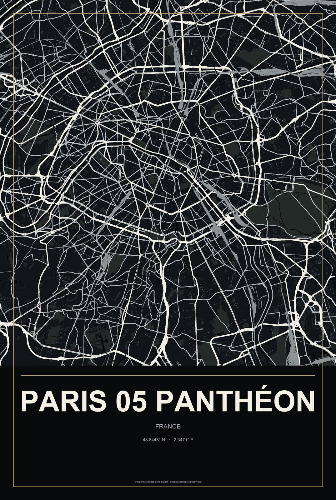 Paris 05 Panthéon, France City Map Aluminum Sign in Metropolitan Noir style