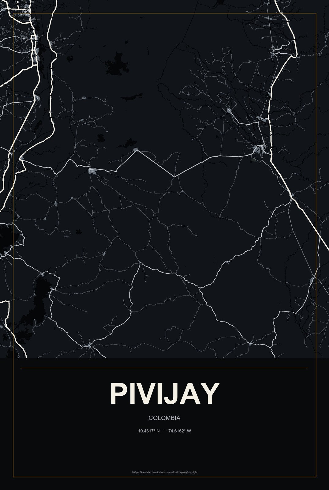 Pivijay, Colombia City Map Aluminum Sign in Metropolitan Noir style