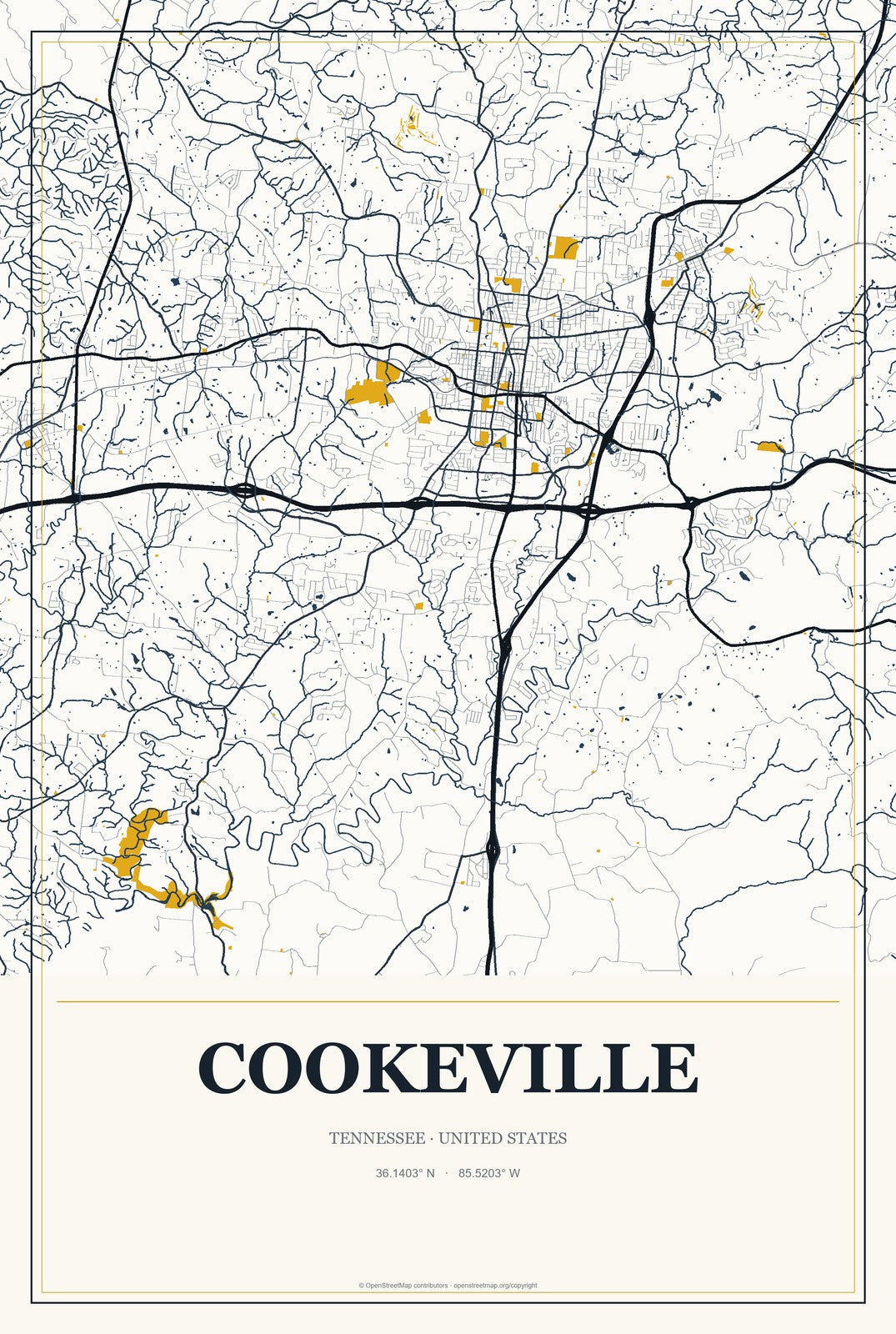 Cookeville, Tennessee City Map Aluminum Sign in Citrine Modern style