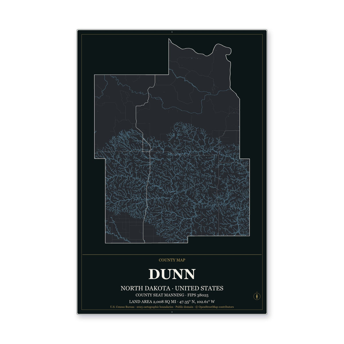 Dunn County, North Dakota Map Aluminum Sign in Metropolitan Noir style