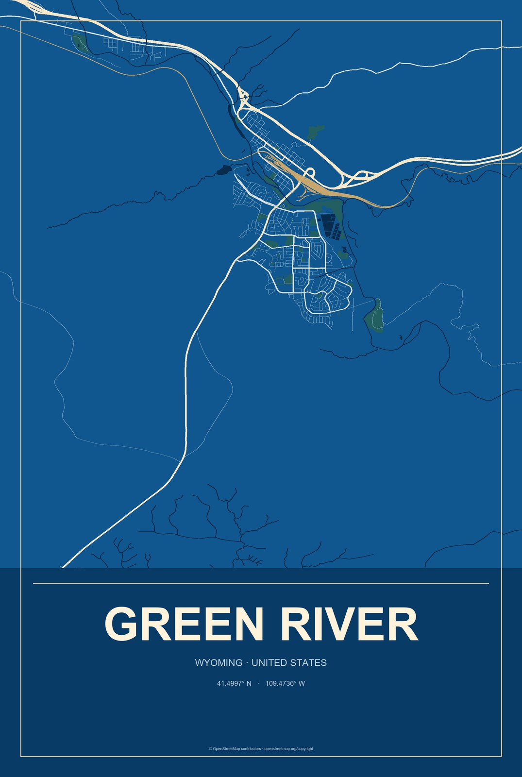 Green River, Wyoming City Map Aluminum Sign in Harbor Cobalt style
