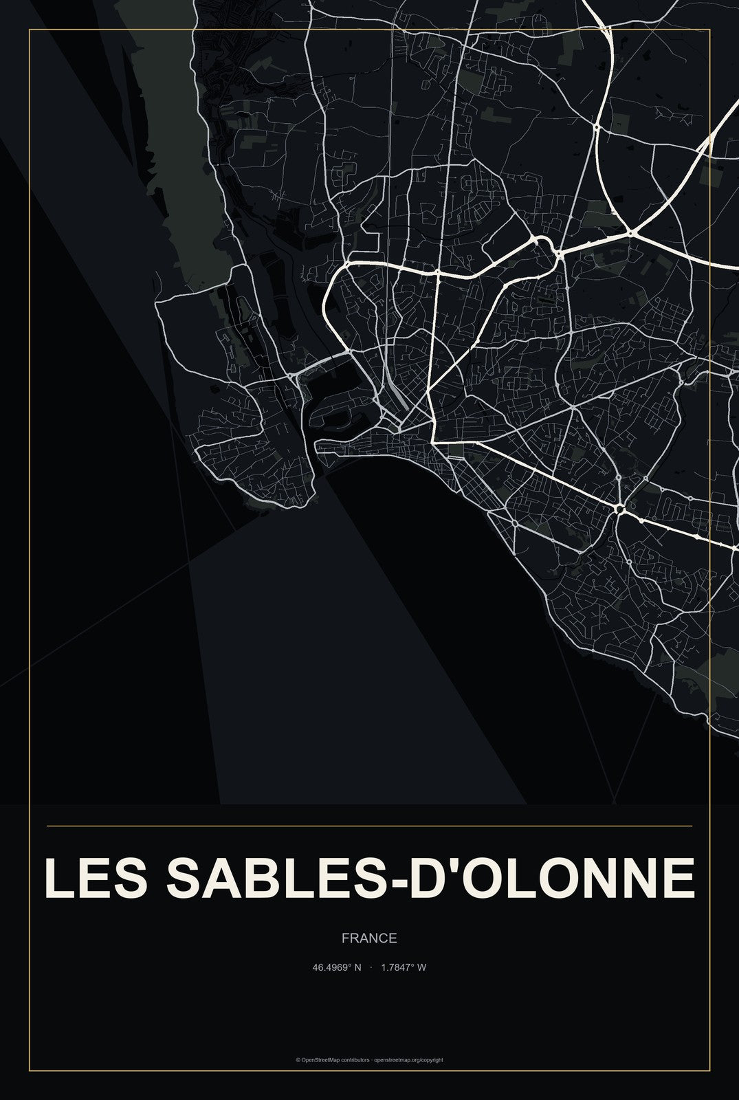 Les Sables-d'Olonne, France City Map Aluminum Sign in Metropolitan Noir style