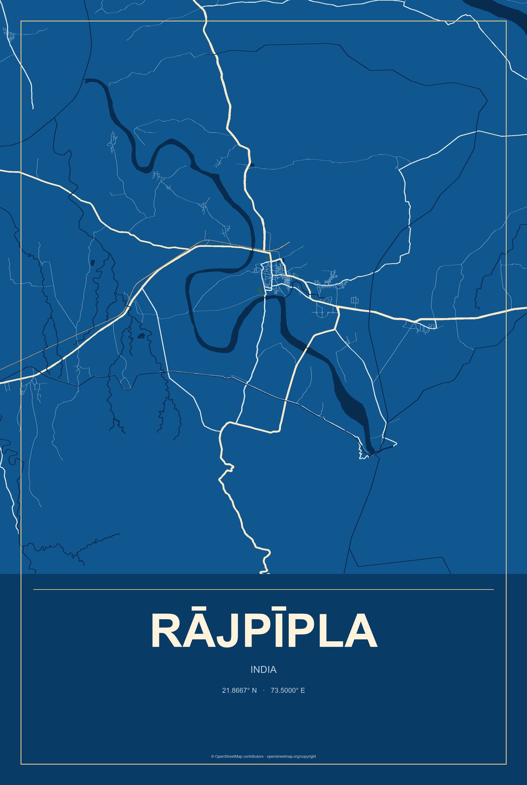 Rājpīpla, India City Map Aluminum Sign in Harbor Cobalt style
