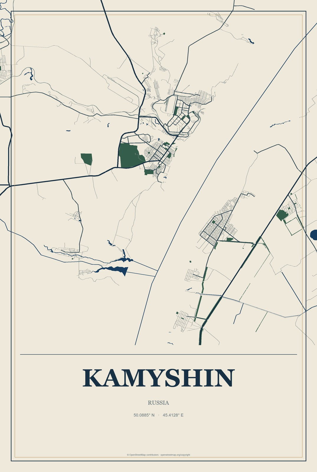 Kamyshin, Russia City Map Aluminum Sign in Coastal Cutout style