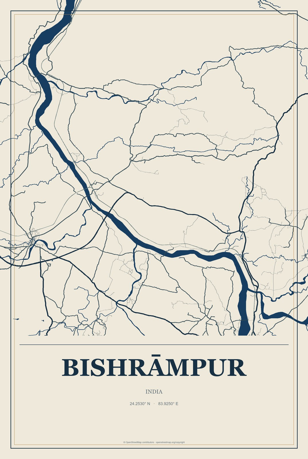 Bishrāmpur, India City Map Aluminum Sign in Coastal Cutout style