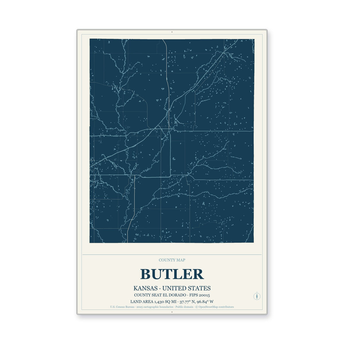 Butler County, Kansas Map Aluminum Sign in Coastal Cutout style