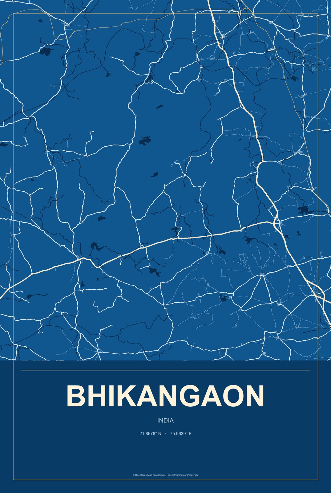 Bhikangaon, India City Map Aluminum Sign in Harbor Cobalt style