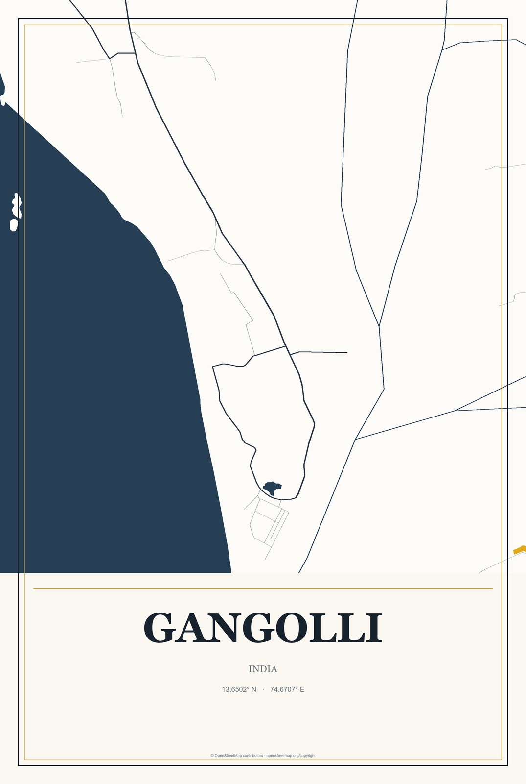 Gangolli, India City Map Aluminum Sign in Citrine Modern style