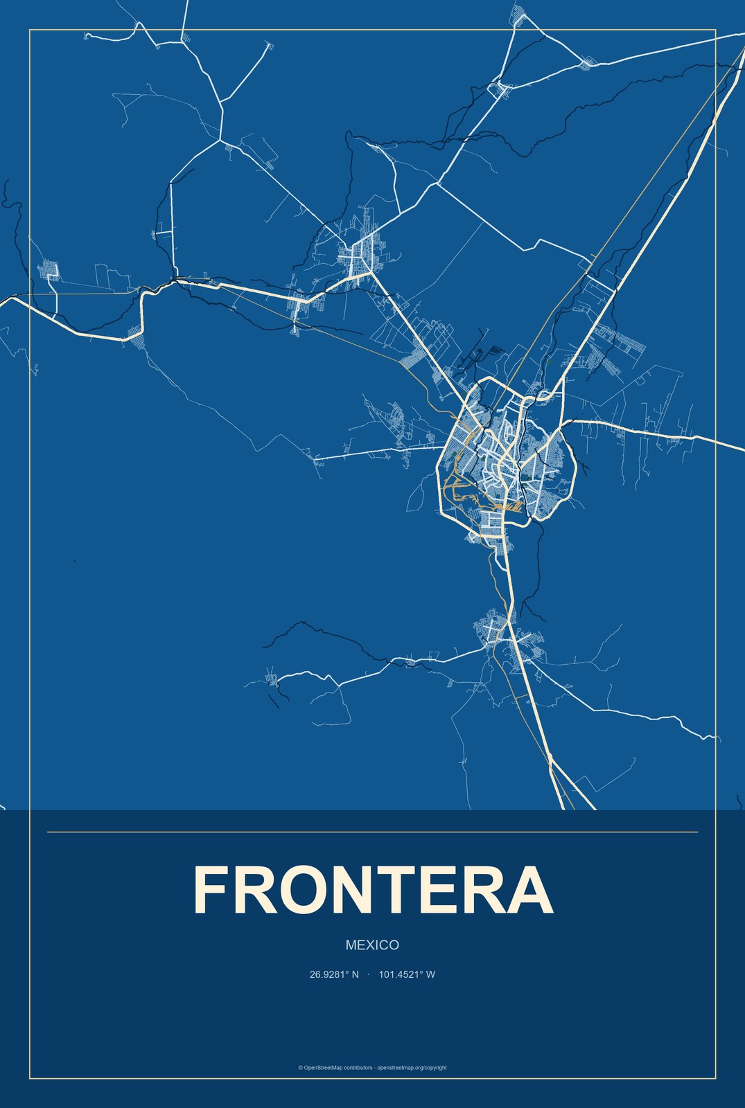 Frontera, Coahuila, Mexico City Map Aluminum Sign in Harbor Cobalt style