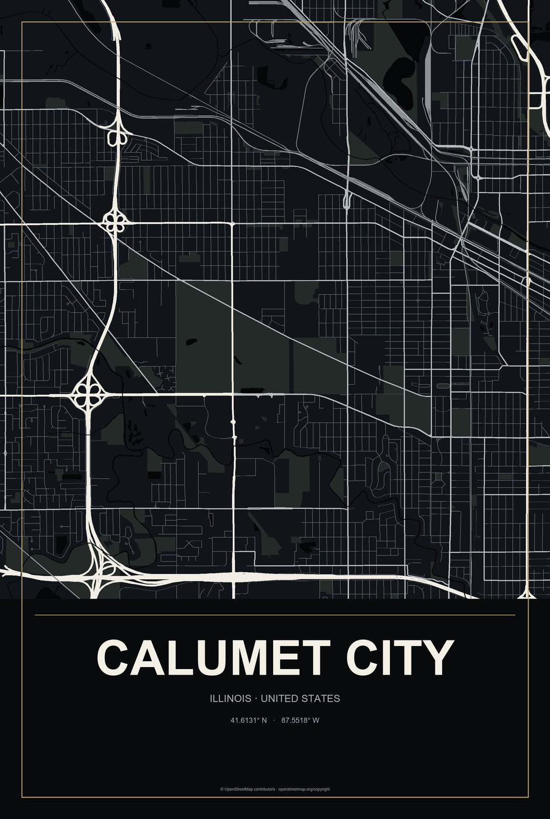 Calumet City, Illinois City Map Aluminum Sign in Metropolitan Noir style