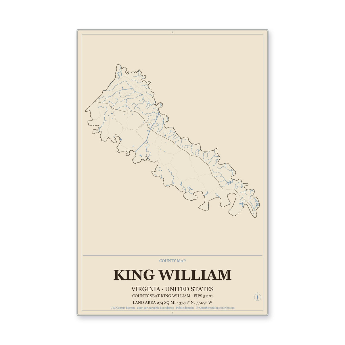 King William County, Virginia Map Aluminum Sign in Heritage Nautical style