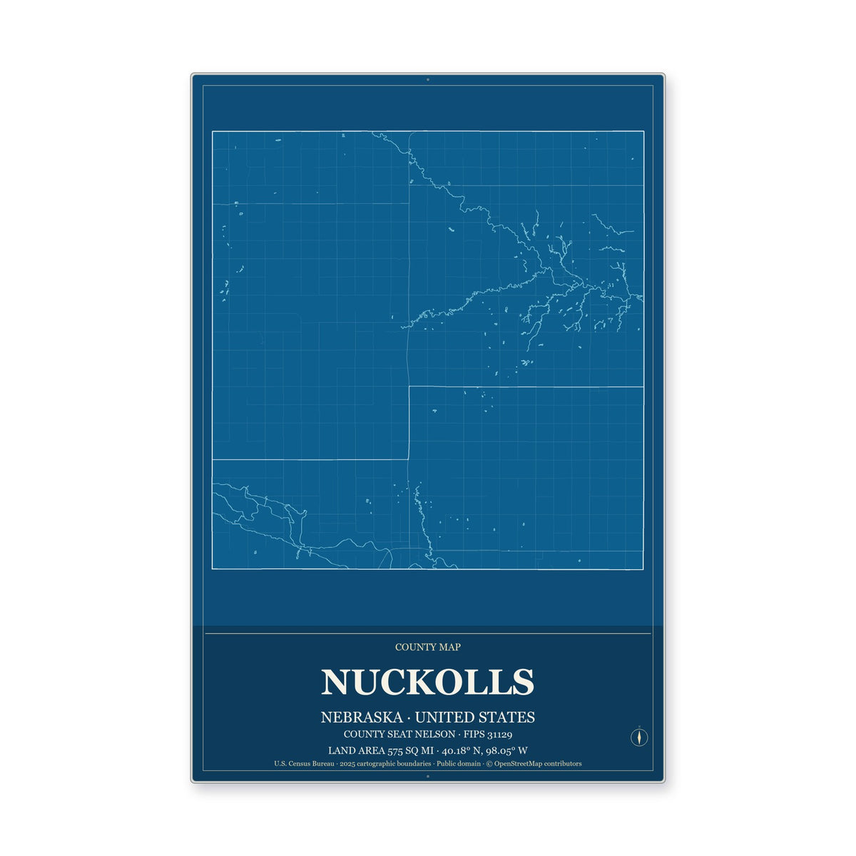 Nuckolls County, Nebraska Map Aluminum Sign in Harbor Cobalt style