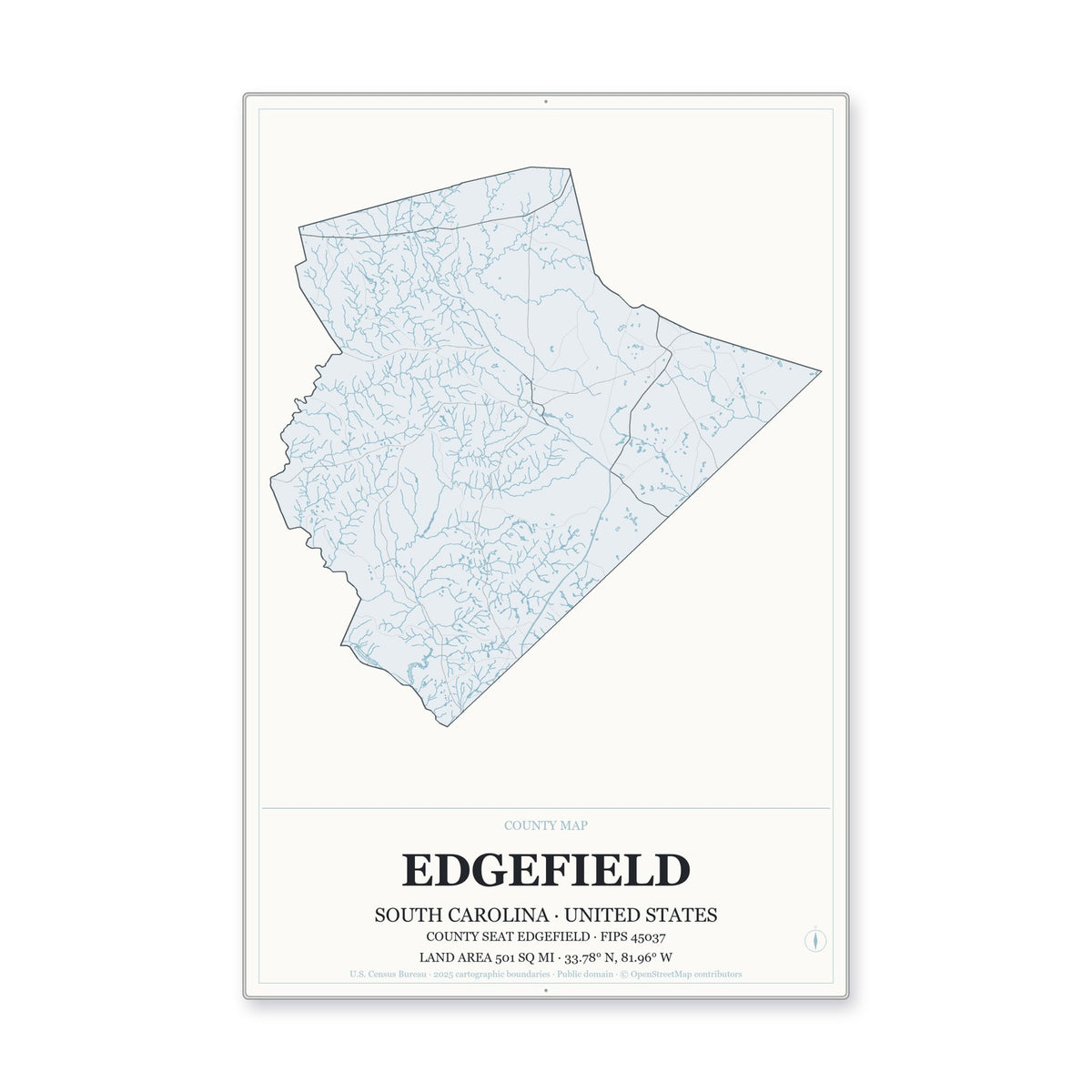 Edgefield County, South Carolina Map Aluminum Sign in Gallery Air style