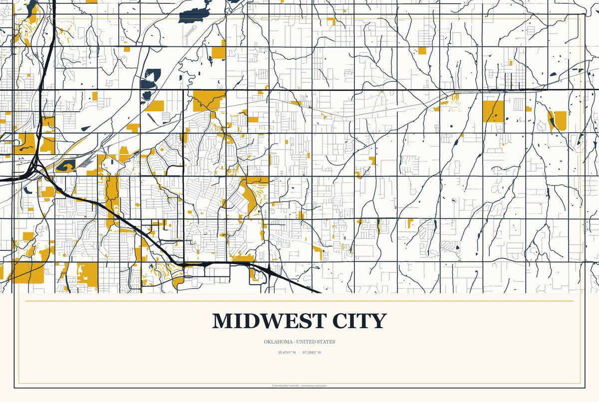 Midwest City, Oklahoma City Map Aluminum Sign in Citrine Modern style