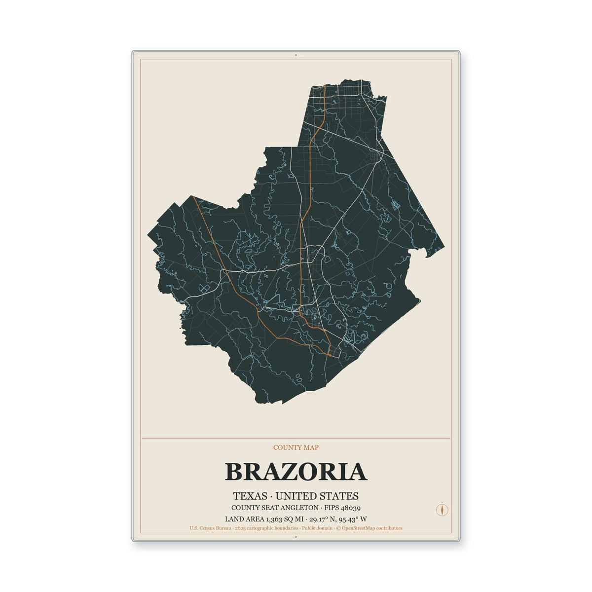 Brazoria County, Texas Map Aluminum Sign in Headline Atlas style