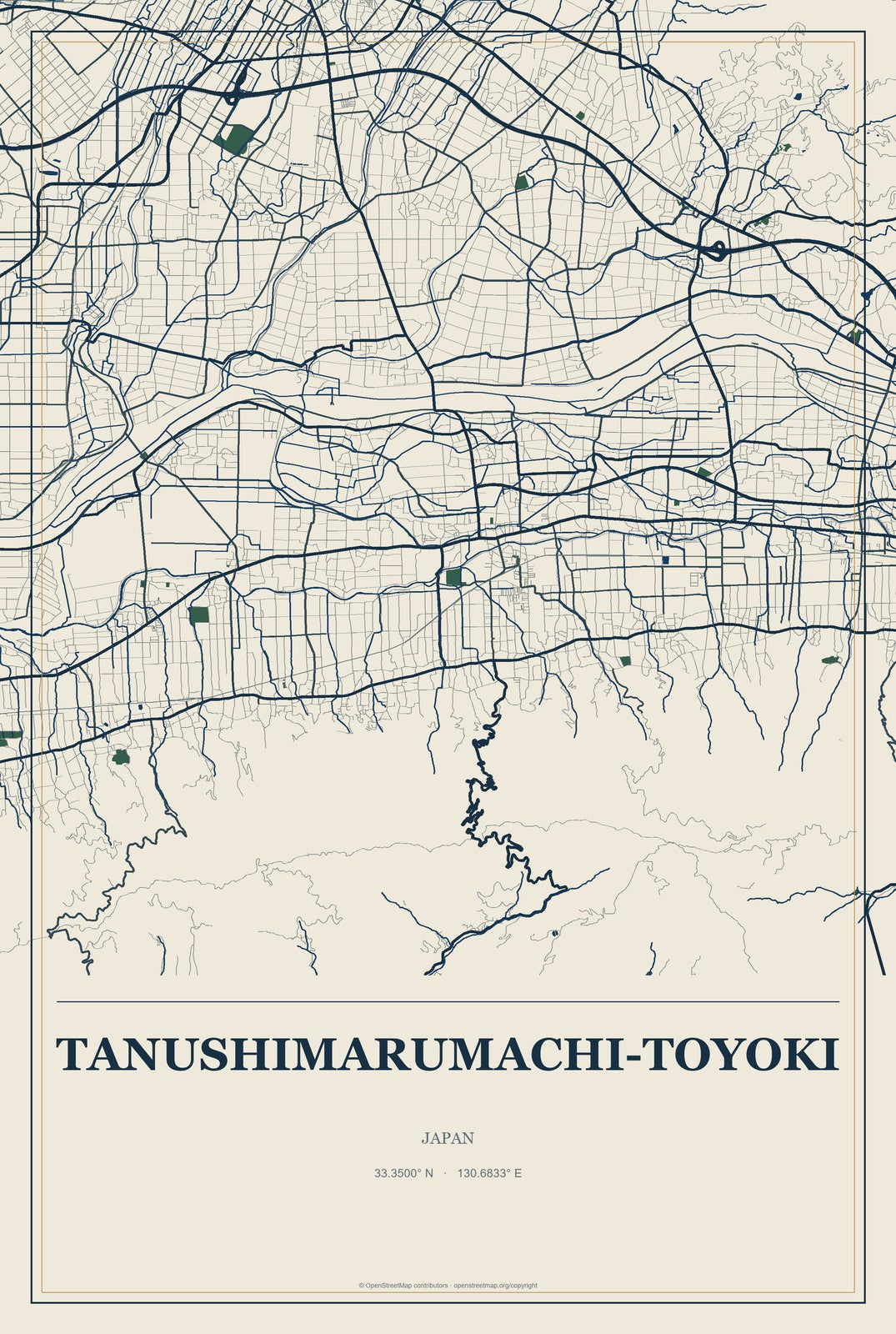 Tanushimarumachi-toyoki, Japan City Map Aluminum Sign in Coastal Cutout style