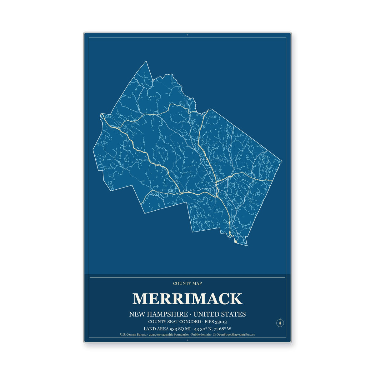 Merrimack County, New Hampshire Map Aluminum Sign in Harbor Cobalt style