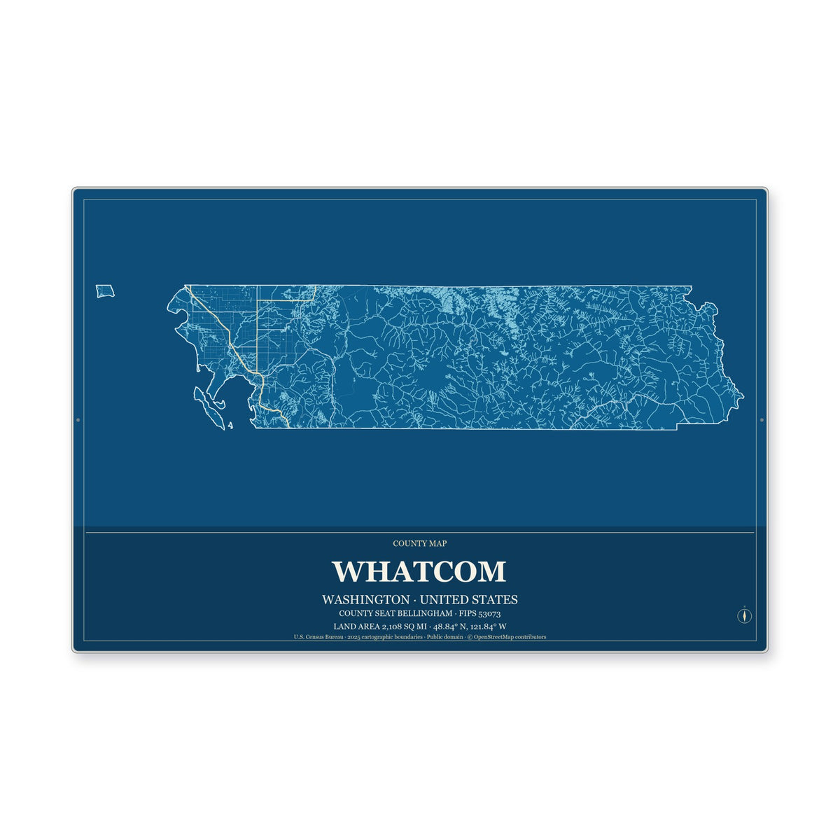 Whatcom County, Washington Map Aluminum Sign in Harbor Cobalt style