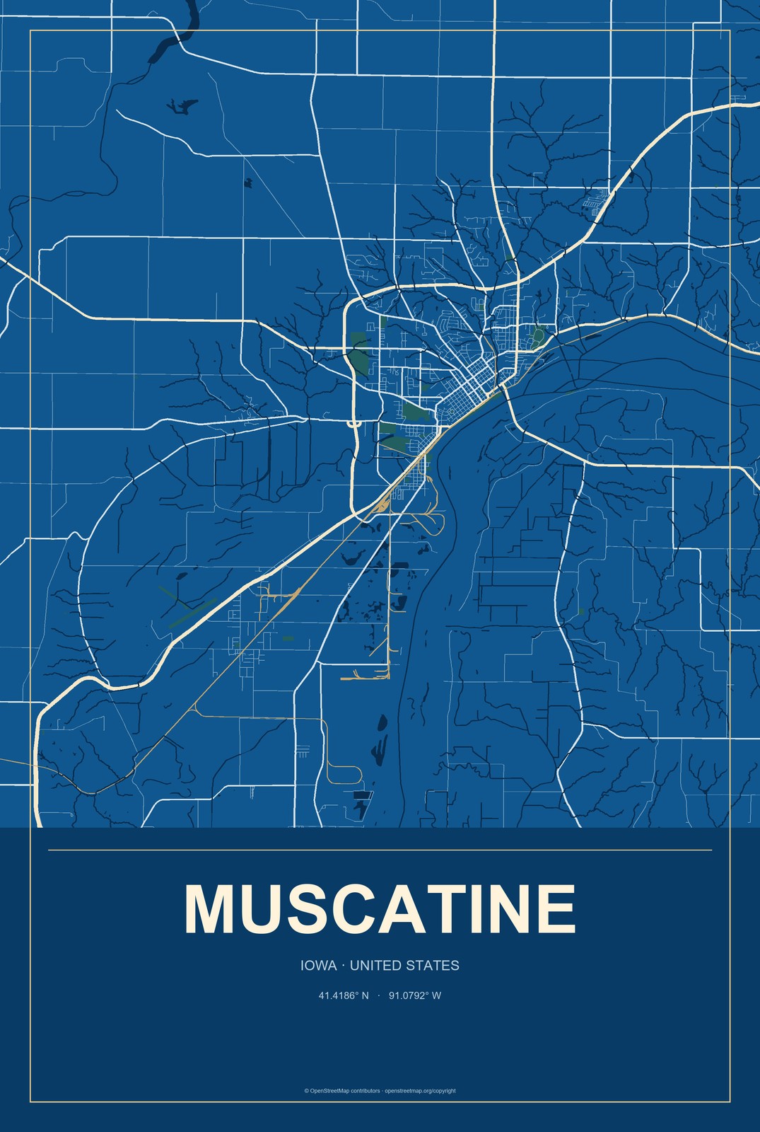 Muscatine, Iowa City Map Aluminum Sign in Harbor Cobalt style