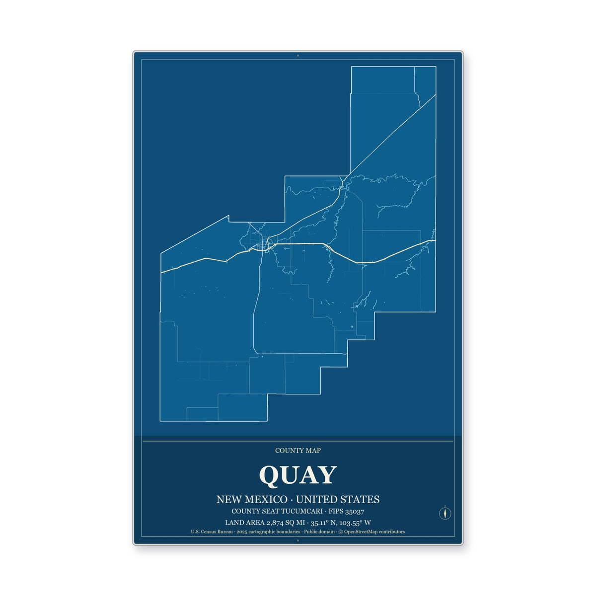 Quay County, New Mexico Map Aluminum Sign in Harbor Cobalt style