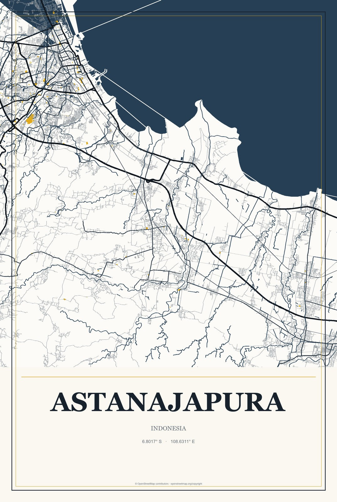 Astanajapura, Indonesia City Map Aluminum Sign in Citrine Modern style
