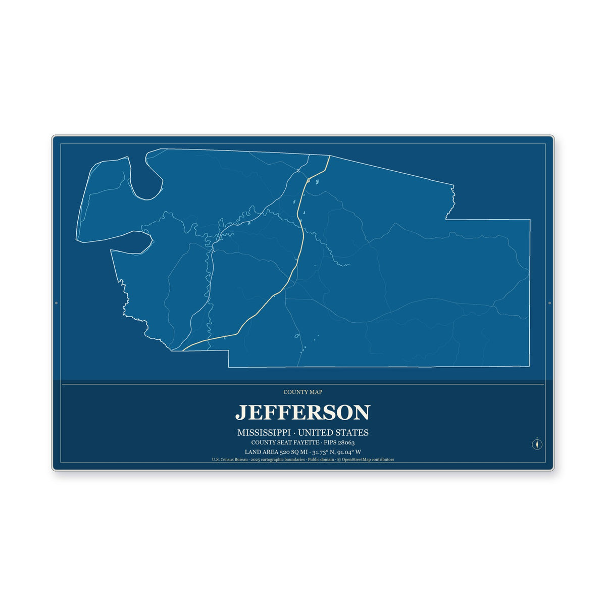 Jefferson County, Mississippi Map Aluminum Sign in Harbor Cobalt style